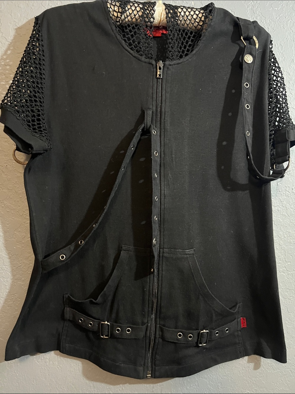 Tripp NYC Black Short Sleeve Zip-Up Hoodie with Mesh Sleeves